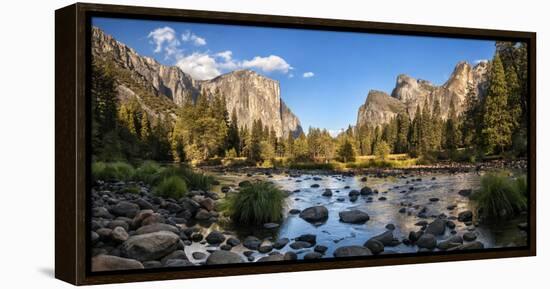 California, Panoramic View of Merced River, El Capitan, and Cathedral Rocks in Yosemite Valley-Ann Collins-Framed Premier Image Canvas