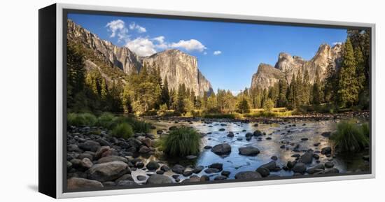 California, Panoramic View of Merced River, El Capitan, and Cathedral Rocks in Yosemite Valley-Ann Collins-Framed Premier Image Canvas