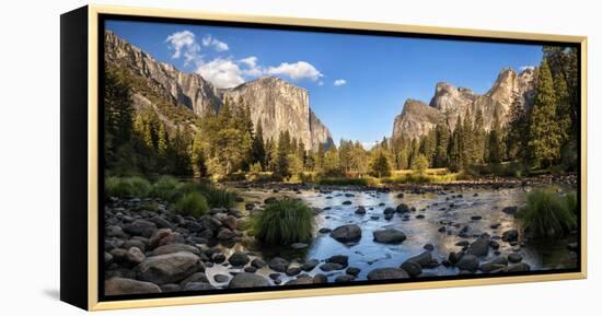 California, Panoramic View of Merced River, El Capitan, and Cathedral Rocks in Yosemite Valley-Ann Collins-Framed Premier Image Canvas