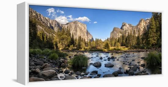 California, Panoramic View of Merced River, El Capitan, and Cathedral Rocks in Yosemite Valley-Ann Collins-Framed Premier Image Canvas