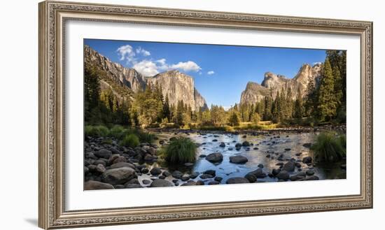 California, Panoramic View of Merced River, El Capitan, and Cathedral Rocks in Yosemite Valley-Ann Collins-Framed Photographic Print