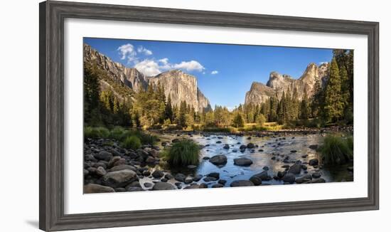 California, Panoramic View of Merced River, El Capitan, and Cathedral Rocks in Yosemite Valley-Ann Collins-Framed Photographic Print