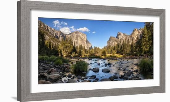 California, Panoramic View of Merced River, El Capitan, and Cathedral Rocks in Yosemite Valley-Ann Collins-Framed Photographic Print