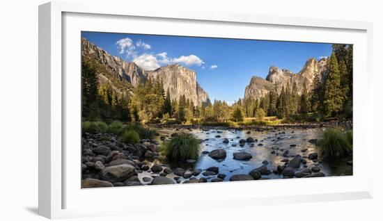 California, Panoramic View of Merced River, El Capitan, and Cathedral Rocks in Yosemite Valley-Ann Collins-Framed Photographic Print