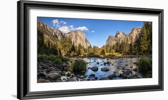 California, Panoramic View of Merced River, El Capitan, and Cathedral Rocks in Yosemite Valley-Ann Collins-Framed Photographic Print