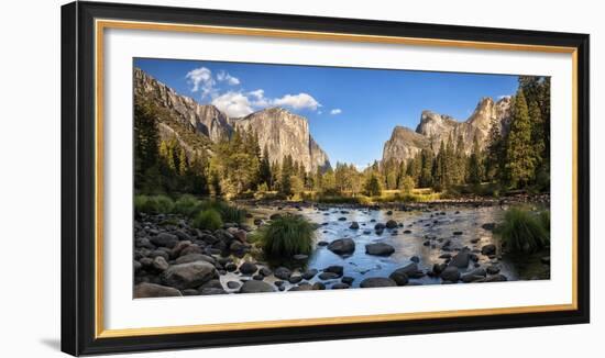 California, Panoramic View of Merced River, El Capitan, and Cathedral Rocks in Yosemite Valley-Ann Collins-Framed Photographic Print