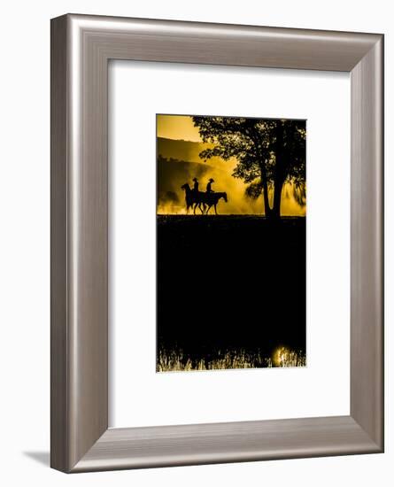 California, Parkfield, V6 Ranch silhouette of two riders faced opposite directions on horseback.-Ellen Clark-Framed Photographic Print