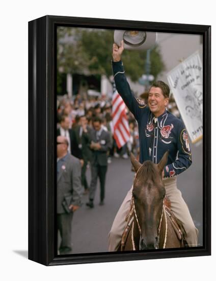 California Republican Gubernatorial Candidate Ronald Reagan in Cowboy Attire, Riding Horse Outside-Bill Ray-Framed Premier Image Canvas