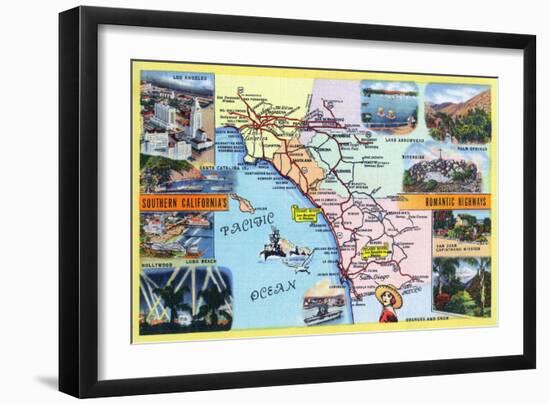 California - Roadmap of Southern CA Romantic Highways-Lantern Press-Framed Art Print