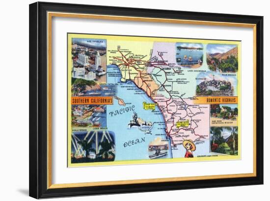 California - Roadmap of Southern CA Romantic Highways-Lantern Press-Framed Art Print