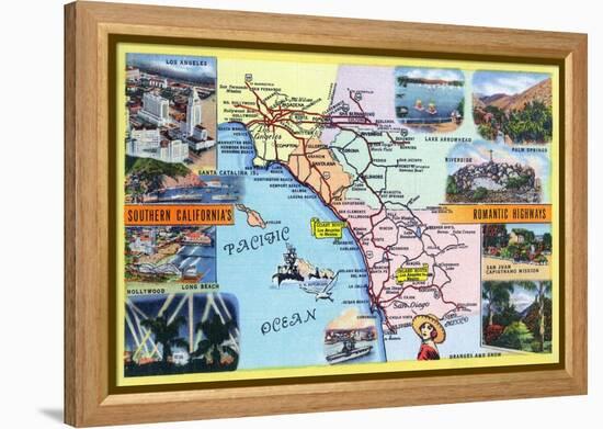 California - Roadmap of Southern CA Romantic Highways-Lantern Press-Framed Stretched Canvas