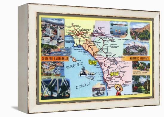 California - Roadmap of Southern CA Romantic Highways-Lantern Press-Framed Stretched Canvas