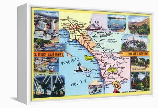California - Roadmap of Southern CA Romantic Highways-Lantern Press-Framed Stretched Canvas