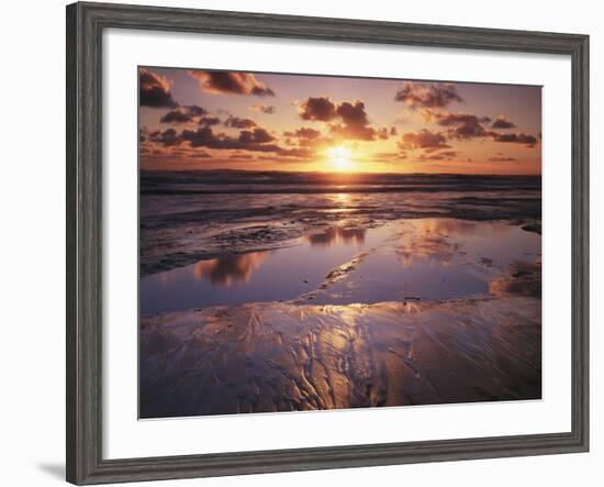 California, San Diego, Sunset Cliffs, Sunset Reflecting on a Beach-Christopher Talbot Frank-Framed Photographic Print