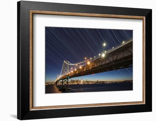 California, San Francisco. Composite of Star Trails Above Bay Bridge-Jaynes Gallery-Framed Photographic Print