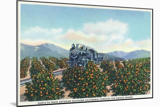 California - Santa Fe Train Passing Through Orange Groves-Lantern Press-Mounted Art Print