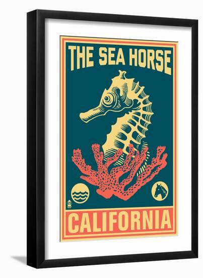 California - Seahorse Woodblock (Blue and Pink)-Lantern Press-Framed Art Print