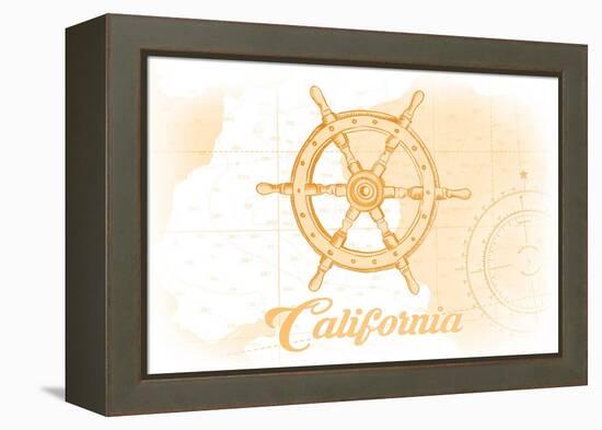 California - Ship Wheel - Yellow - Coastal Icon-Lantern Press-Framed Stretched Canvas