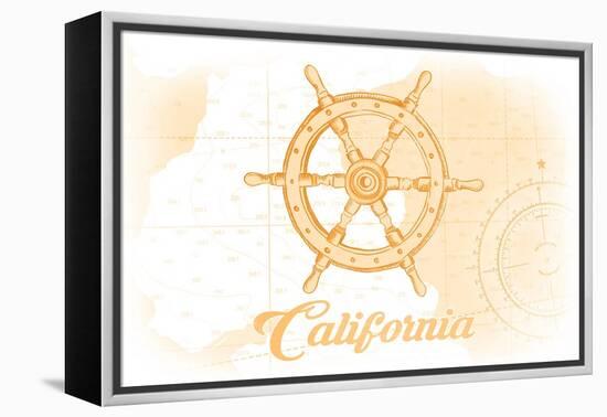 California - Ship Wheel - Yellow - Coastal Icon-Lantern Press-Framed Stretched Canvas