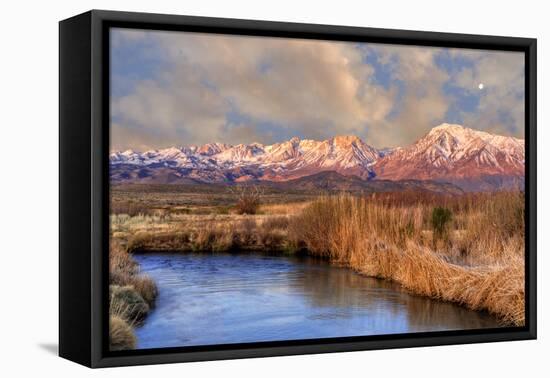 California, Sierra Nevada Mountains. Moon over Mountains and Owens River-Jaynes Gallery-Framed Premier Image Canvas