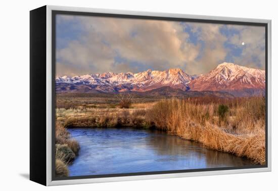 California, Sierra Nevada Mountains. Moon over Mountains and Owens River-Jaynes Gallery-Framed Premier Image Canvas