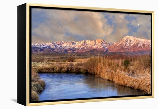 California, Sierra Nevada Mountains. Moon over Mountains and Owens River-Jaynes Gallery-Framed Premier Image Canvas