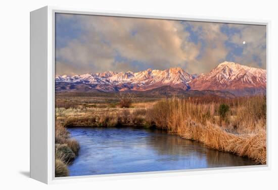 California, Sierra Nevada Mountains. Moon over Mountains and Owens River-Jaynes Gallery-Framed Premier Image Canvas