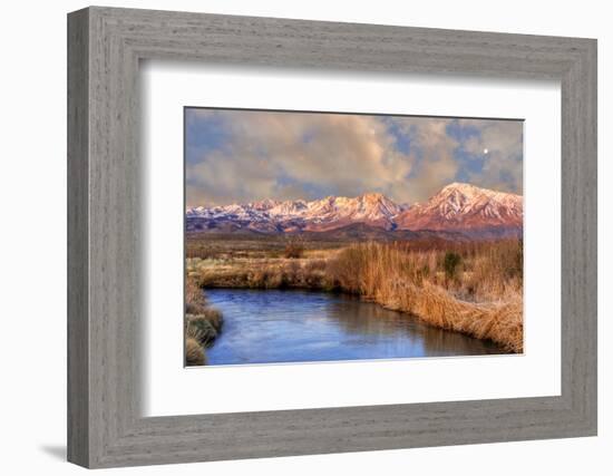 California, Sierra Nevada Mountains. Moon over Mountains and Owens River-Jaynes Gallery-Framed Photographic Print