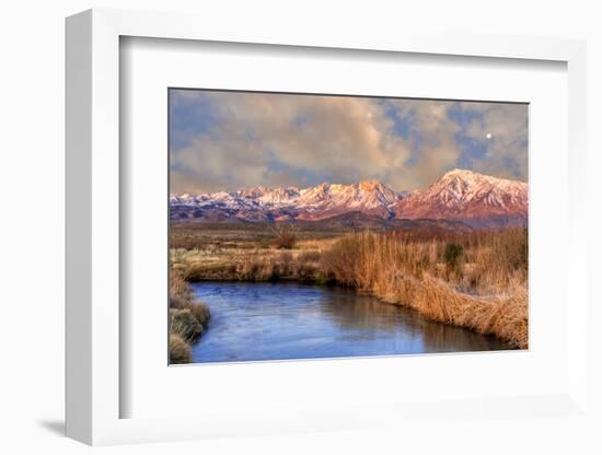 California, Sierra Nevada Mountains. Moon over Mountains and Owens River-Jaynes Gallery-Framed Photographic Print