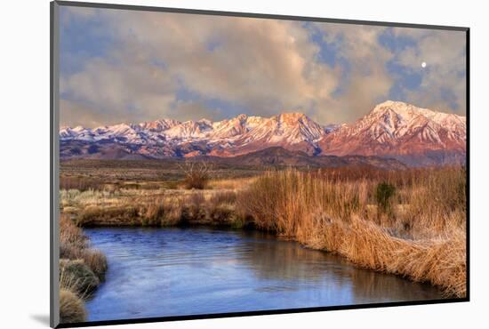 California, Sierra Nevada Mountains. Moon over Mountains and Owens River-Jaynes Gallery-Mounted Photographic Print