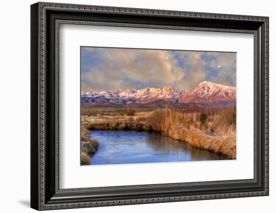 California, Sierra Nevada Mountains. Moon over Mountains and Owens River-Jaynes Gallery-Framed Photographic Print