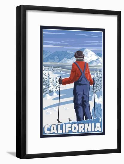 California - Skier Admiring-Lantern Press-Framed Art Print