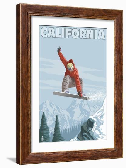 California - Snowboarder Jumping-Lantern Press-Framed Art Print