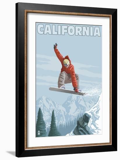 California - Snowboarder Jumping-Lantern Press-Framed Art Print