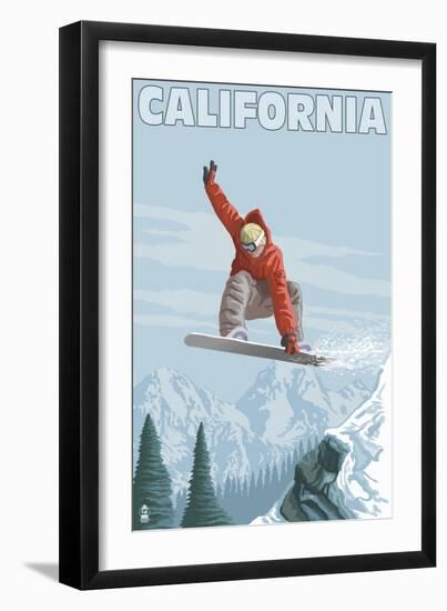 California - Snowboarder Jumping-Lantern Press-Framed Art Print