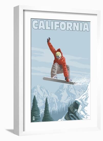 California - Snowboarder Jumping-Lantern Press-Framed Art Print