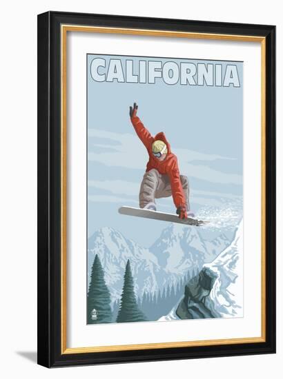 California - Snowboarder Jumping-Lantern Press-Framed Art Print