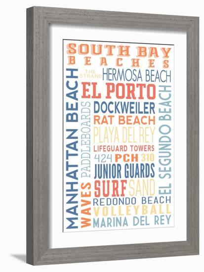 California - South Bay Beaches - Typography-Lantern Press-Framed Art Print