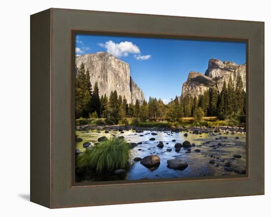 California, the Merced River, El Capitan, and Cathedral Rocks in Yosemite Valley-Ann Collins-Framed Premier Image Canvas