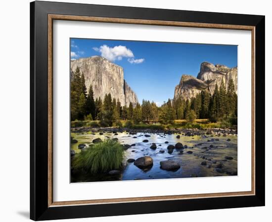 California, the Merced River, El Capitan, and Cathedral Rocks in Yosemite Valley-Ann Collins-Framed Photographic Print