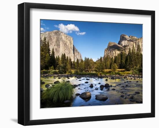 California, the Merced River, El Capitan, and Cathedral Rocks in Yosemite Valley-Ann Collins-Framed Photographic Print