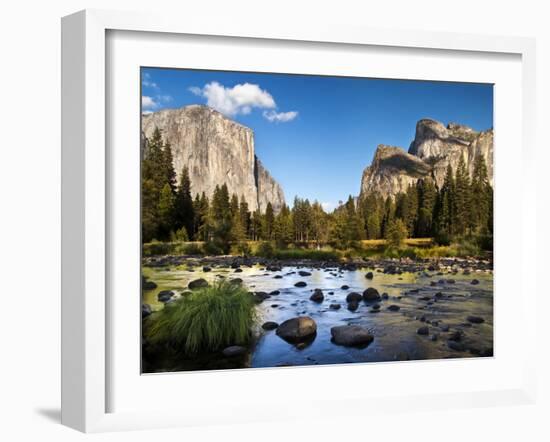 California, the Merced River, El Capitan, and Cathedral Rocks in Yosemite Valley-Ann Collins-Framed Photographic Print