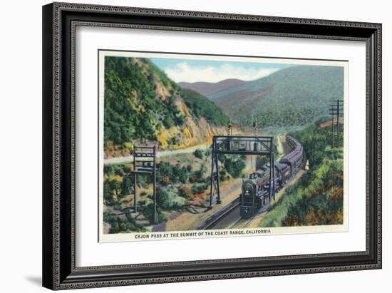 California - View of a Train in Cajon Pass-Lantern Press-Framed Art Print