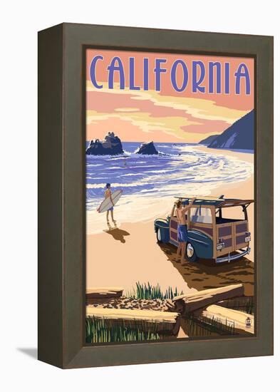 California - Woody on the Beach-Lantern Press-Framed Stretched Canvas