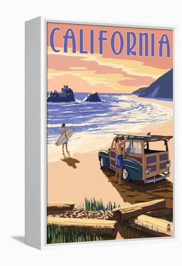 California - Woody on the Beach-Lantern Press-Framed Stretched Canvas