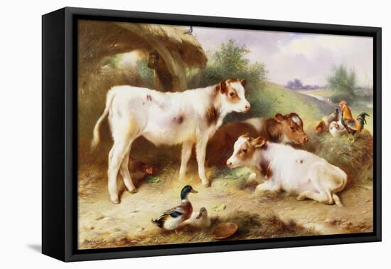 Calves and Poultry by a Byre, 1922-Walter Hunt-Framed Premier Image Canvas