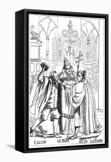 Calvin, Luther and the Pope Fighting Each Other, Published 1600-null-Framed Premier Image Canvas