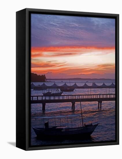 Camamu Bay, Island of Tinhare, Sunset over Jetty and Boats, Village of Morro De Sao Paulo, Brazil-Mark Hannaford-Framed Premier Image Canvas