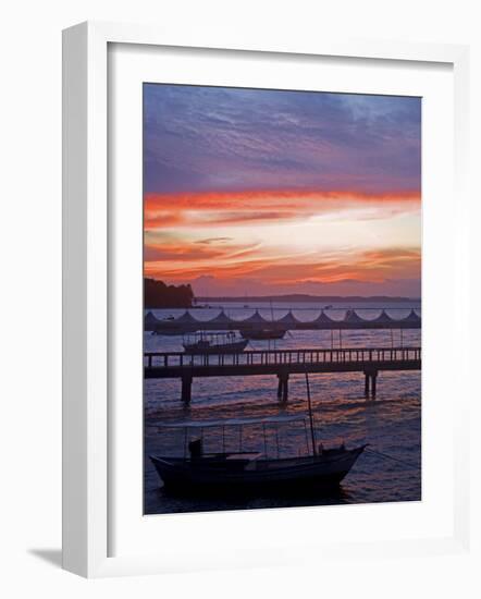 Camamu Bay, Island of Tinhare, Sunset over Jetty and Boats, Village of Morro De Sao Paulo, Brazil-Mark Hannaford-Framed Photographic Print