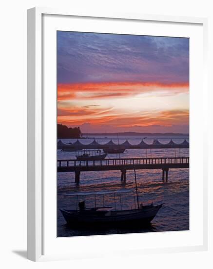 Camamu Bay, Island of Tinhare, Sunset over Jetty and Boats, Village of Morro De Sao Paulo, Brazil-Mark Hannaford-Framed Photographic Print